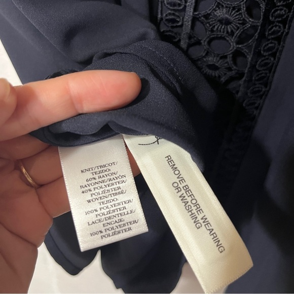 Ann Taylor Navy Embellished Crochet Blouse 3/4 Sleeve L - Picture 10 of 16